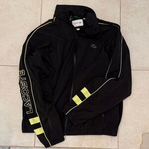 Lacoste Men's Black Windbreaker with Neon Yellow Stripes